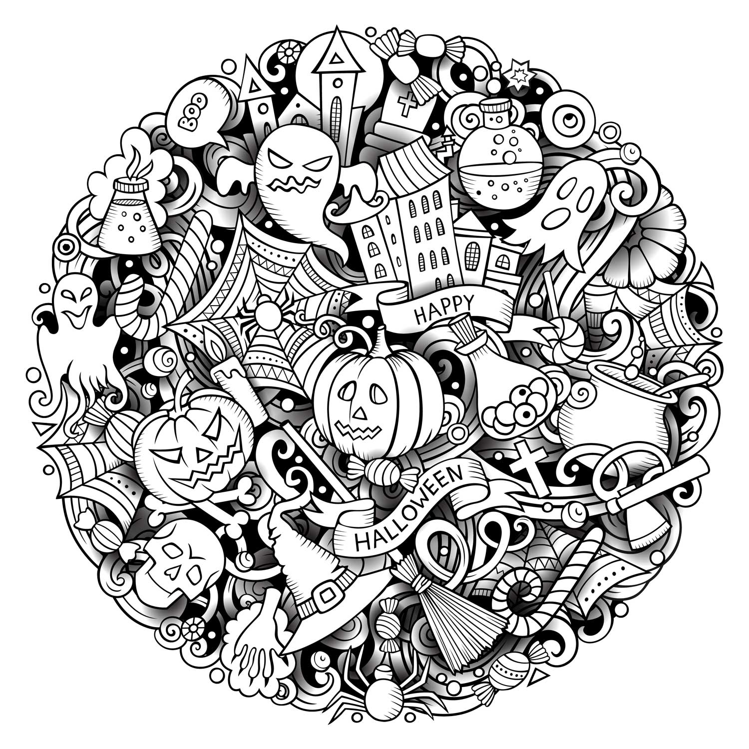 Circular Halloween coloring design with pumpkins, ghosts, a haunted house, spiderwebs, and candy, printed on peel-and-stick fabric.